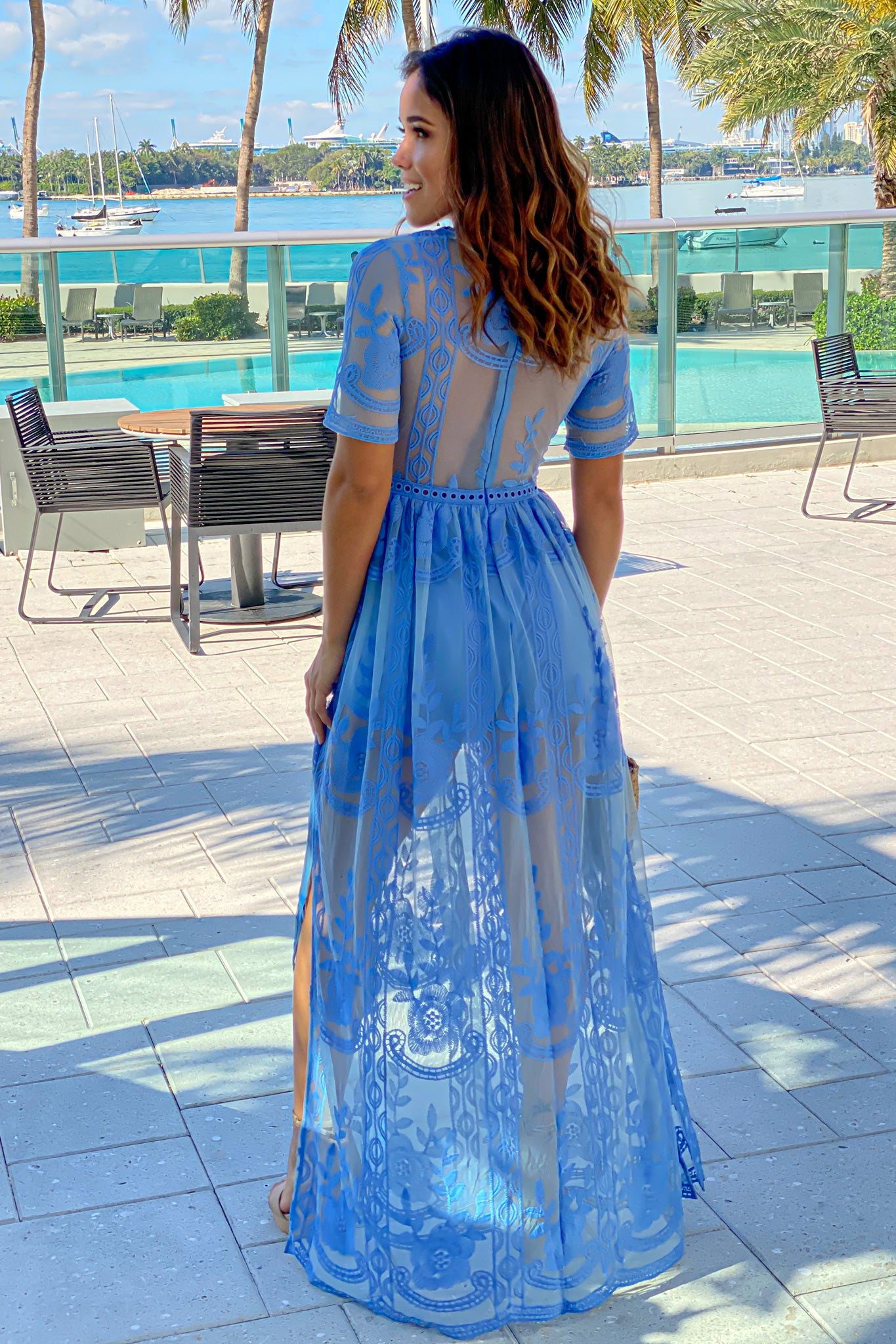 Blue Lace Maxi Romper with Sleeves and ...